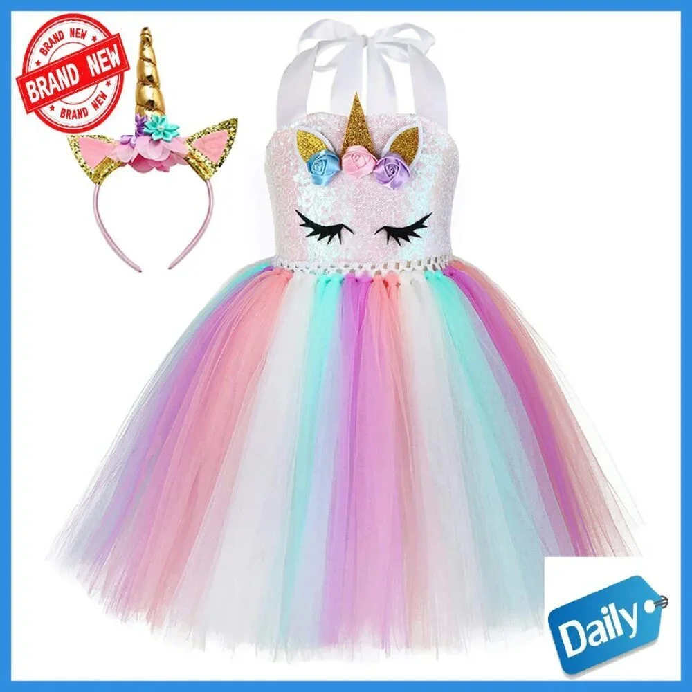 Sequin Unicorn Dress with Headband Girls 1-10Y Birthday Party Costume